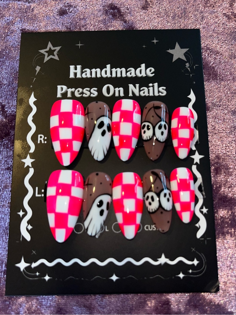 Handmade Press On Nails - Hot Pink Checker & Brown Ghost Design